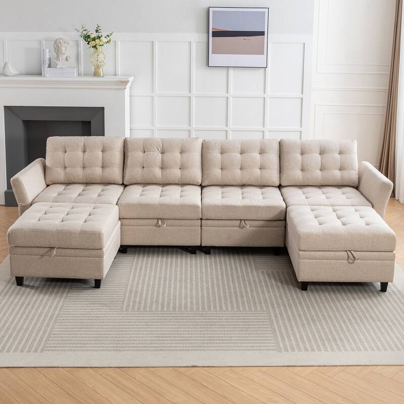 Mixoy Modular Sectional Sofa with Adjustable Armrest,Storage Ottoman,Modern L/U Shaped Living Room Furniture Set - Beige-4+2 - Reversible