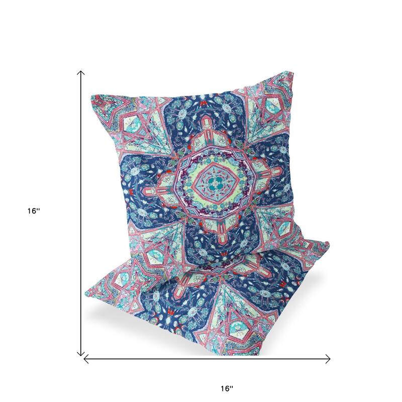 HomeRoots Set of Two 16" X 16" Blue and Pink Blown Seam Floral Indoor Outdoor Throw Pillow - 16.00' X '16.00' X '5.00