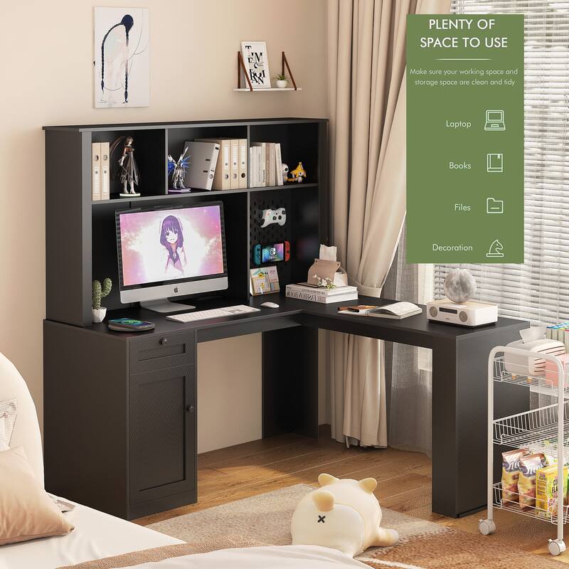 Roomfitters Modern L Shaped Computer Desk with Charger, Corner Desk with Drawers & Bookshelf, Hutch Pegboard Workstation, Black