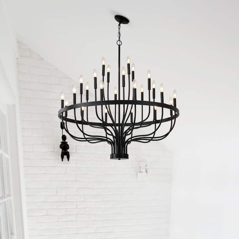 Farmhouse Suspended Pendant Light Fixture 24-Light Black Industrial Iron Candle Chandelier, for Dining Room, Living Room
