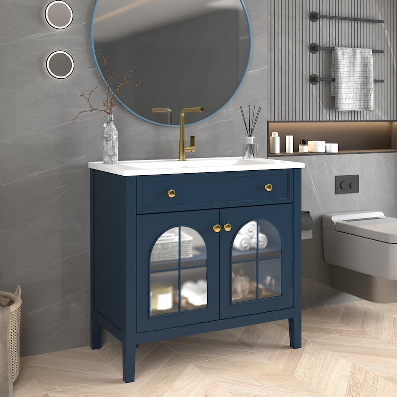 35.6-Inch Mid-Century Bathroom Vanity Sink with Patterned Glass & Motion-Sensor Light, Farmhouse Storage Vanity