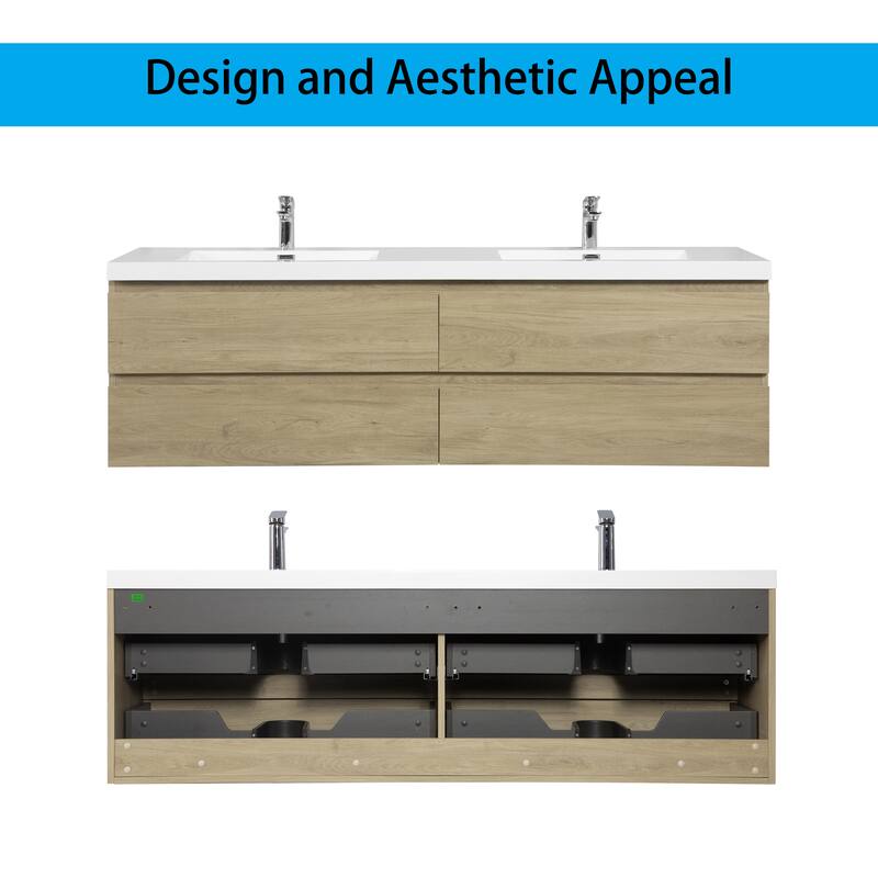 Wall 72" Floating Bathroom Vanity with Sink & and 4 Soft Close Drawers,White/Oak/Grey - 72 inch