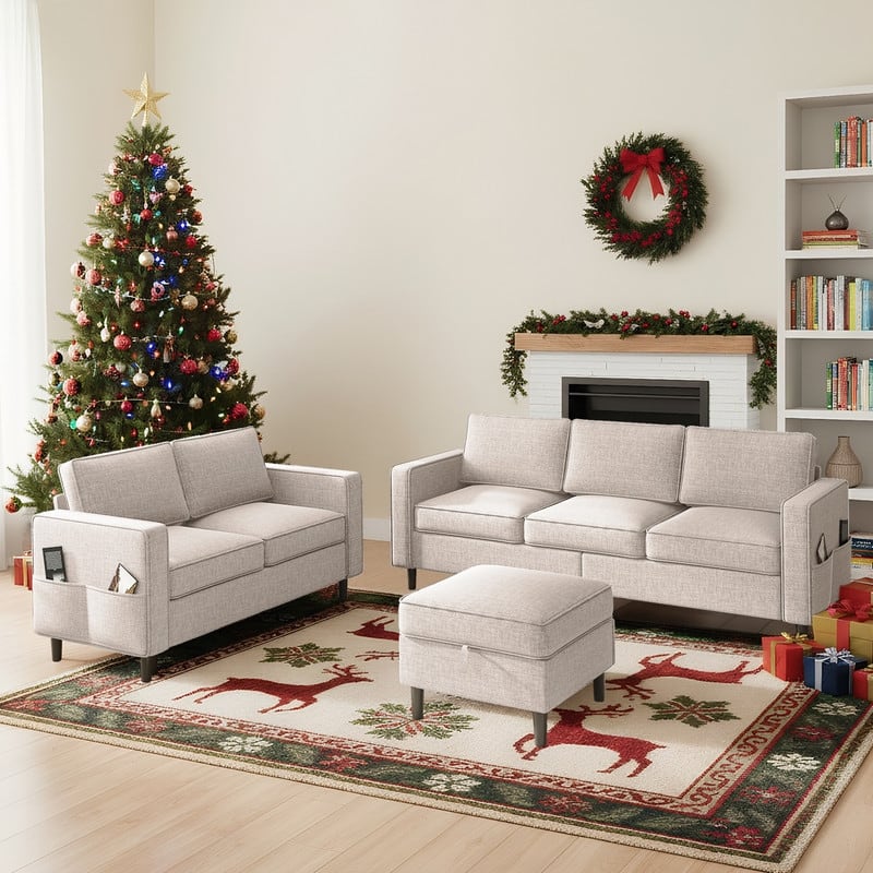 Mixoy Convertible Living Room Furniture Set-Single Sofa/Loveseat/3-Seat Sofa with Ottoman for DIY Combination - Beige-3+2 - Reversible