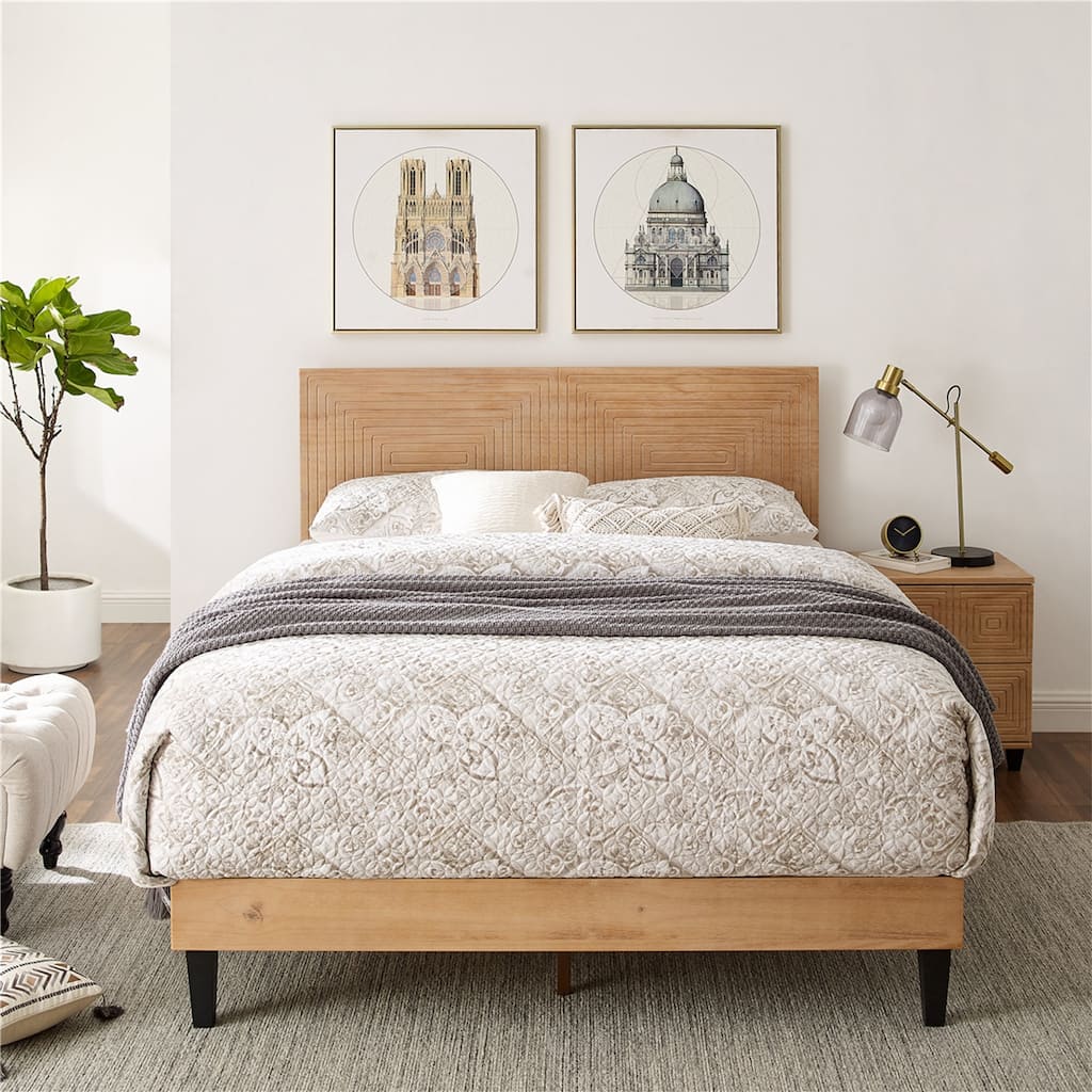 BIKAHOM Mid-Century Modern Solid Wooden Platform Bed with Adjustable Height Headboard for Bedroom