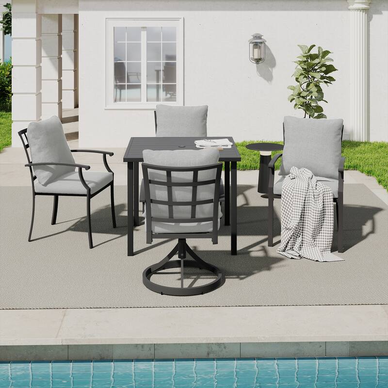 IvyGlow 5-Piece Black Metal Patio Dining Set with Square Table, 2 Swivel Dining Chairs and Gray Cushions