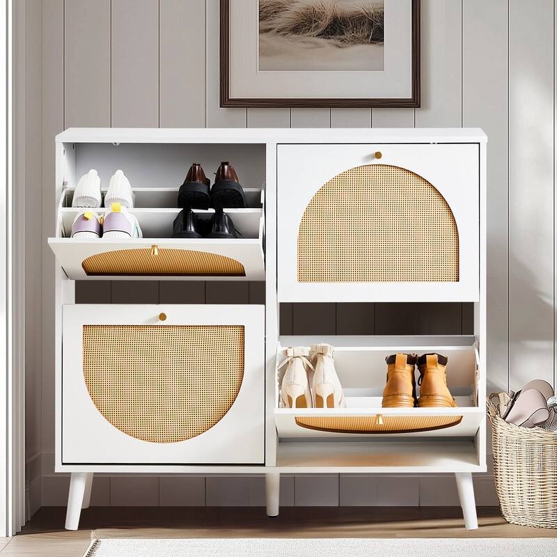 Rattan Shoe Cabinet with 2 / 4 Flip Drawers, Narrow Shoe Storage Cabinet,Organizer for Entryway, Bedroom, Living Room - White - 4-drawer