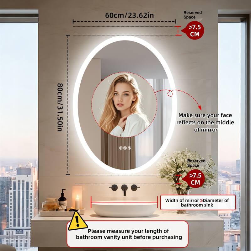 Bluetooth Lighted Bathroom Mirror Oval LED with Double NdFeB Speakers Wall Vanity Mirror - 23.62x31.50