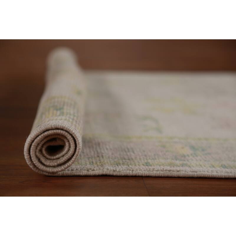 Hand Knotted Oriental 100% Wool Carpet Transitional Geometric Beige & Ivories Oushak Runner Rug - 15' 0'' X 3' 4''