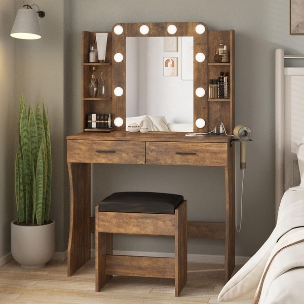 Vanity Desk with Lights,Makeup Vanity with Power Strip,Dressing