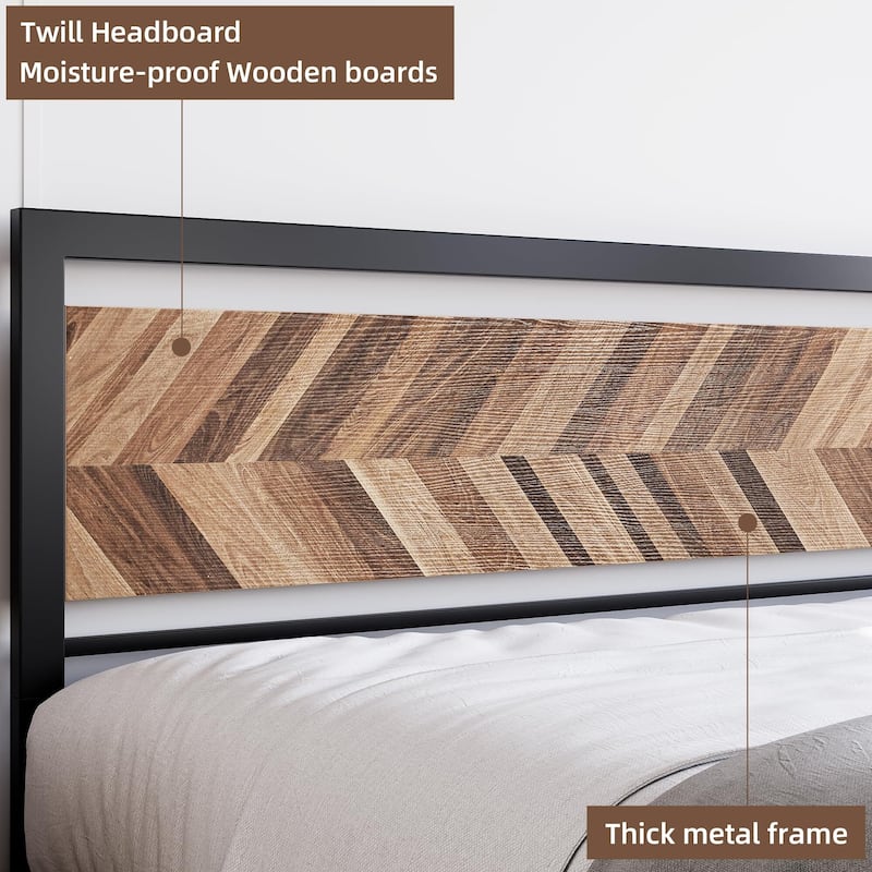 Metal Platform Bed Frame with Rustic Vintage Wood Headboard
