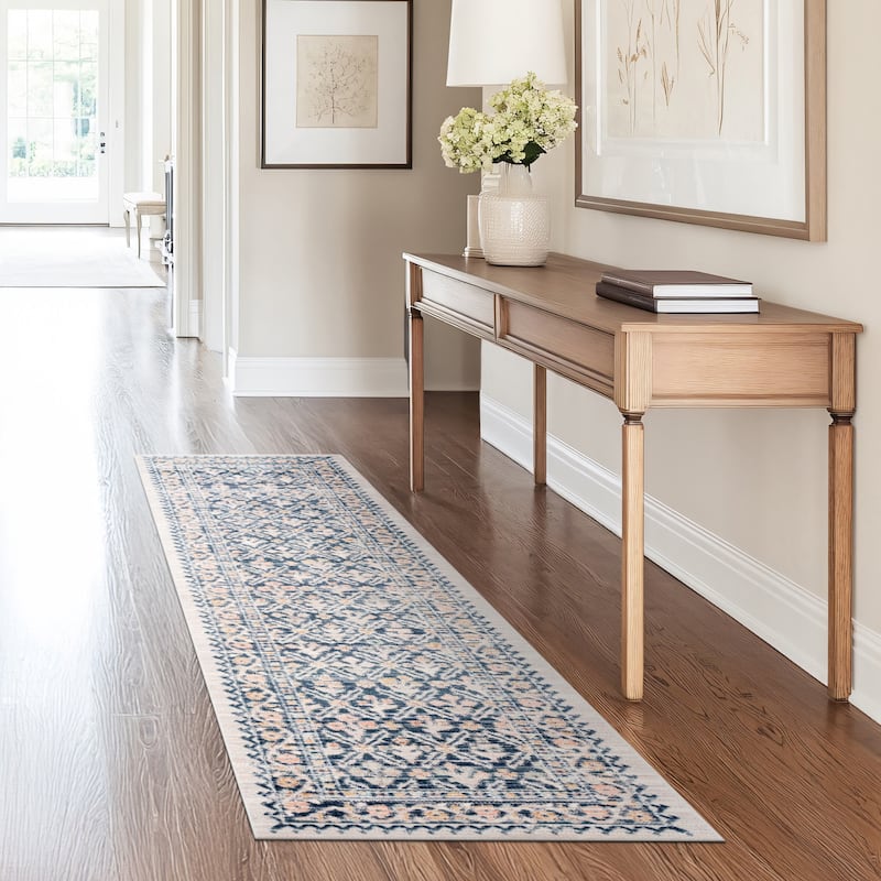 Crosswood Camilla Traditional Floral Indoor Polyester Area Rug - 2'3'' x 7'7'' - Navy/Aqua