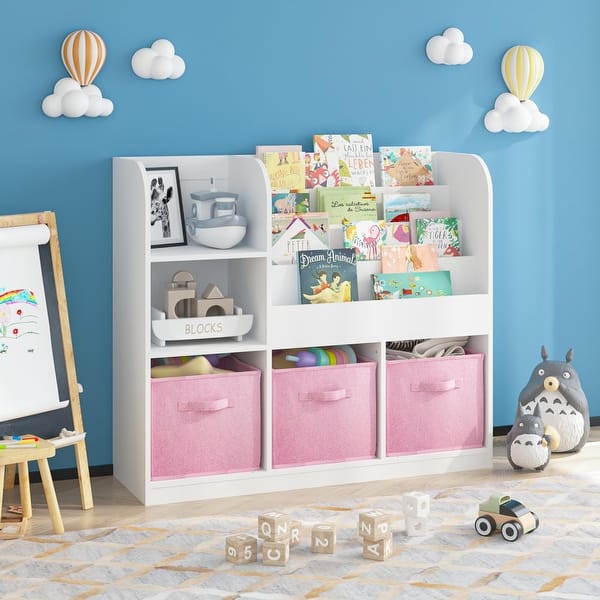 slide 2 of 20, Kids Bookcase and Bookshelf,Multifunctional Bookcase with 3 Collapsible Drawers,Bookcase Display Stand,Toy Storage Organizer White+Pink