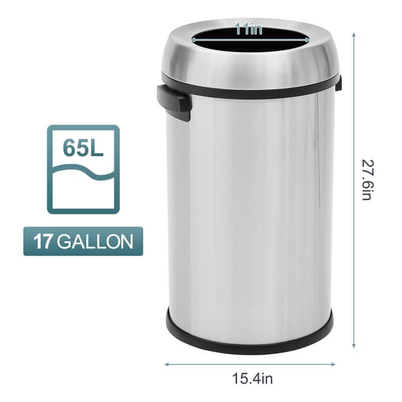 65L/17Gal Open Top Trash Can, Heavy Duty Stainless Steel Rubbish Bin