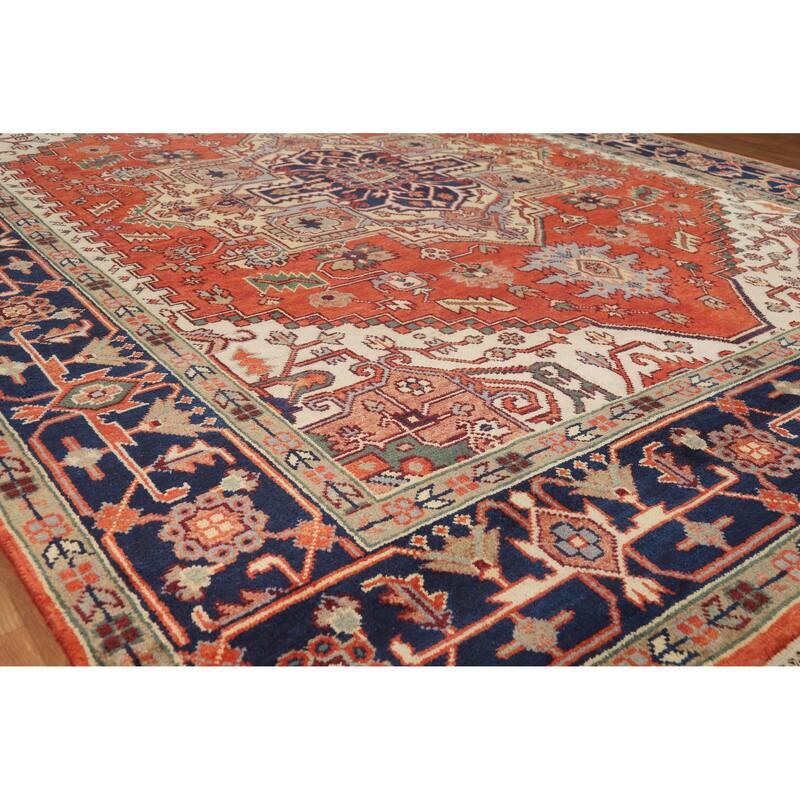 Medallion Heriz Serapi Indian Area Rug Handmade Wool Carpet - 8'11" x 11'10" - 8'11" x 11'10" - Orange