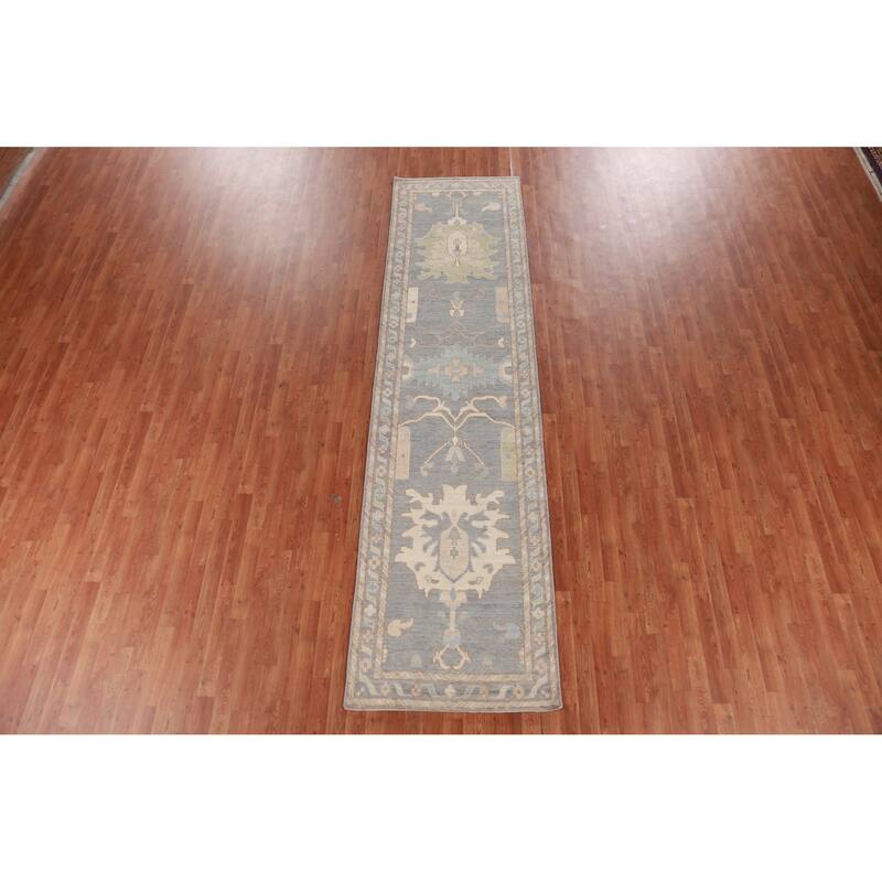 Hand Knotted Oriental 100% Wool Carpet Transitional Floral Greys & Charcoal Oushak Runner Rug - 11' 10'' X 3' 0''