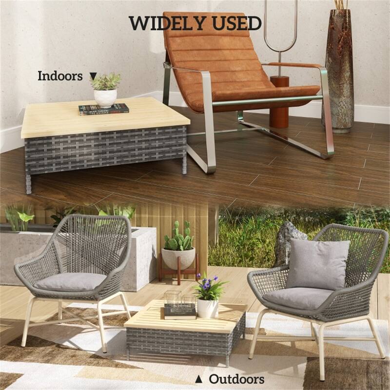 Grey Nature Wood Fir and Steel Rustic Patio End Table with PE Rattan - 27.6" L x 27.6" W x 9.8" H