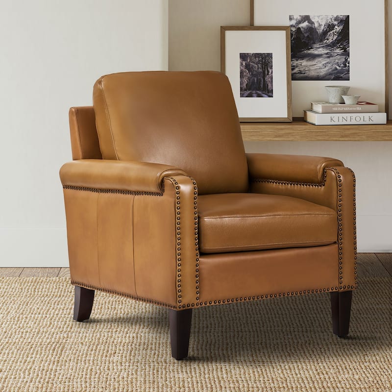 Kunz Transitional Genuine Leather Armchair with Removable Cushion and Nailhead Trims by HULALA HOME