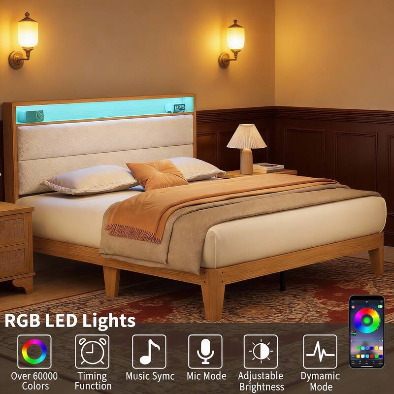 Bed Frame with LED Light, Storage Headboard and Charging Station