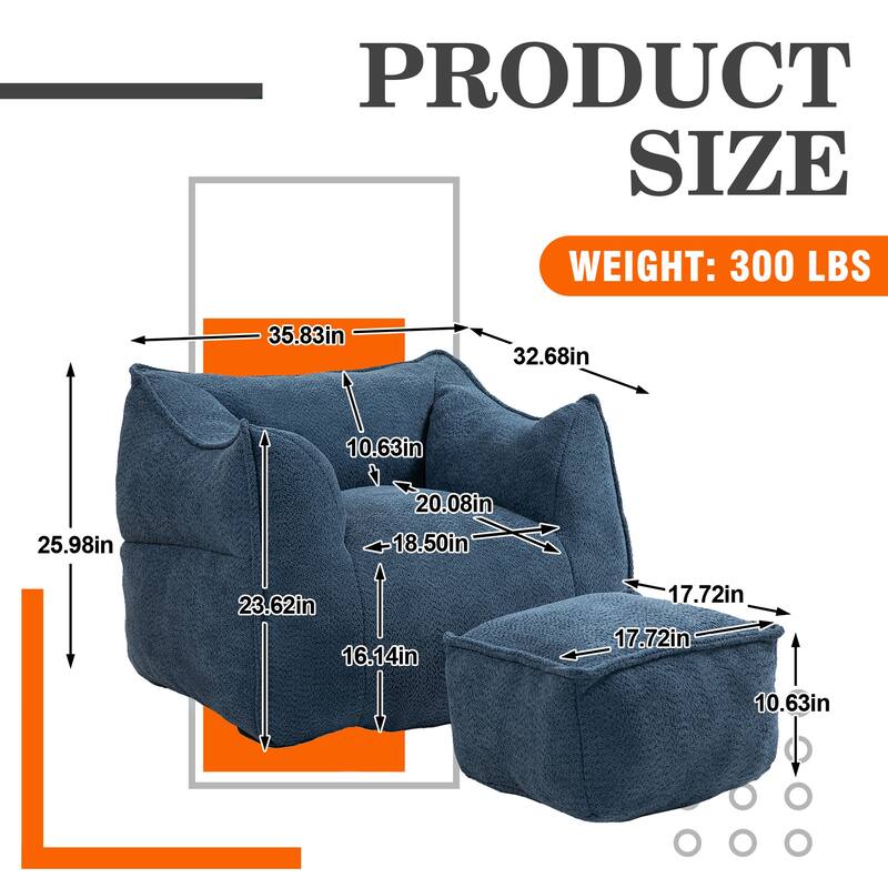 Boucle Upholstered Deep Seat Armless Square Bean Bag Chair with Ottoman