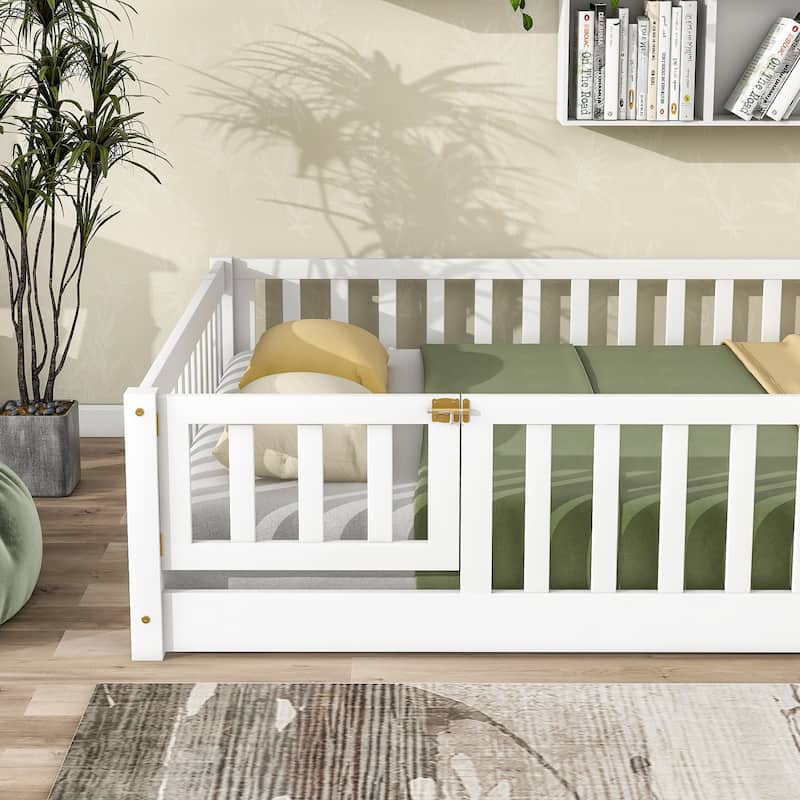 Full size Floor Platform Bed with Fence and Door for kids, toddlers