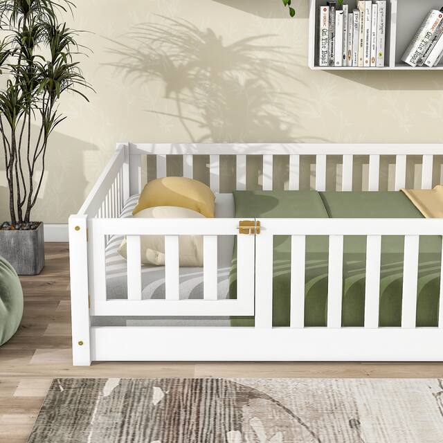 Twin/Full/Queen size Floor Platform Bed with Fence and Door for Kids, Toddlers