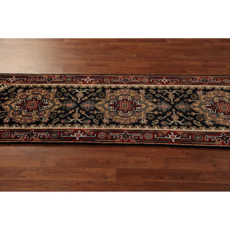 Dark Navy Blue Heriz Serapi Indian Runner Rug Handmade Wool Carpet - 2'3"x 8'3"