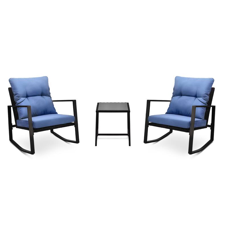 3 Pieces Patio Bistro Set Outdoor Rocking Chair w Blue Cushion for Yard Garden Poolside