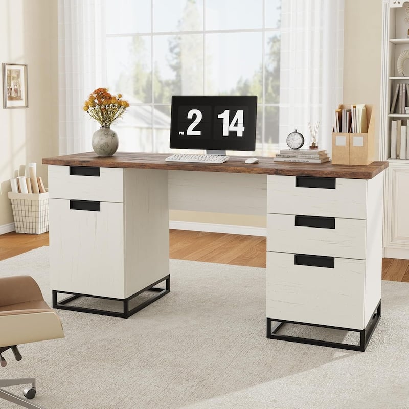 Executive Home Office Computer Desk with File Drawers and Storage Cabinet