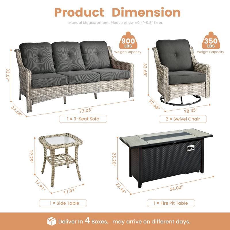 XIZZI 5-Piece Wicker Patio Furniture Set with Sofa, Swivel Chairs & Fire Pit