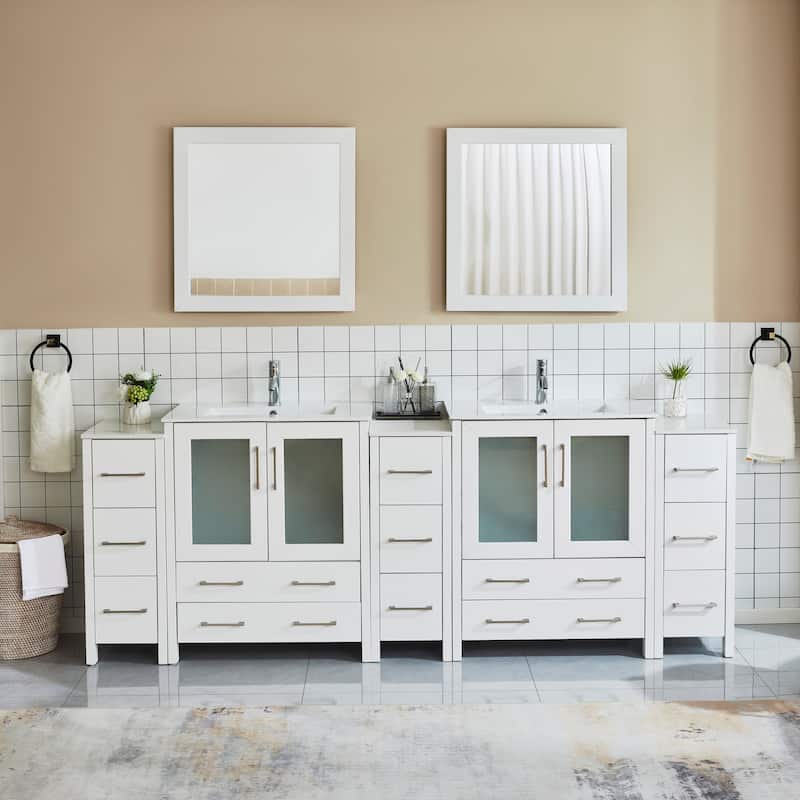 Vanity Art 96" Double Sink Bathroom Vanity Set 13 Dove-Tailed Drawers 5 Cabinets 2 Shelves, Soft-Closing Doors with Free Mirror - White