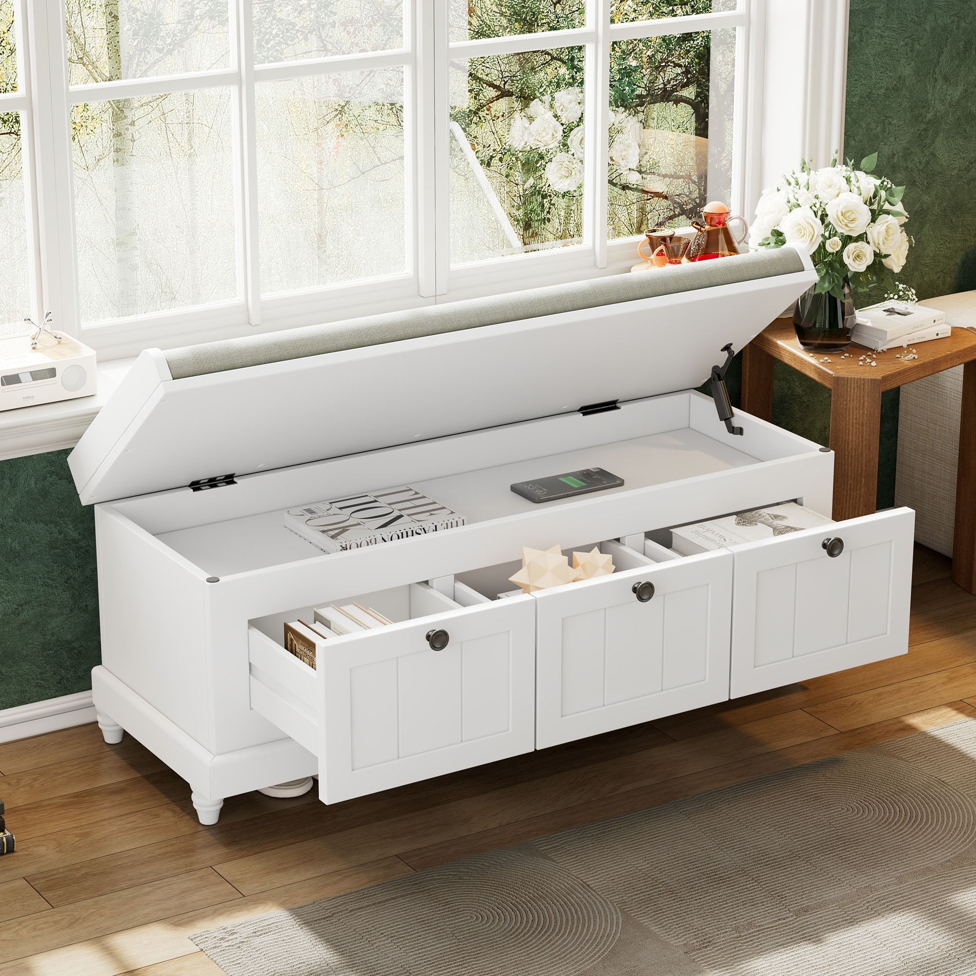 Classic Shoe Bench with Cushion and 3 Drawers, White Entryway Bench Corridor Bench Window Bench Vanity Bench