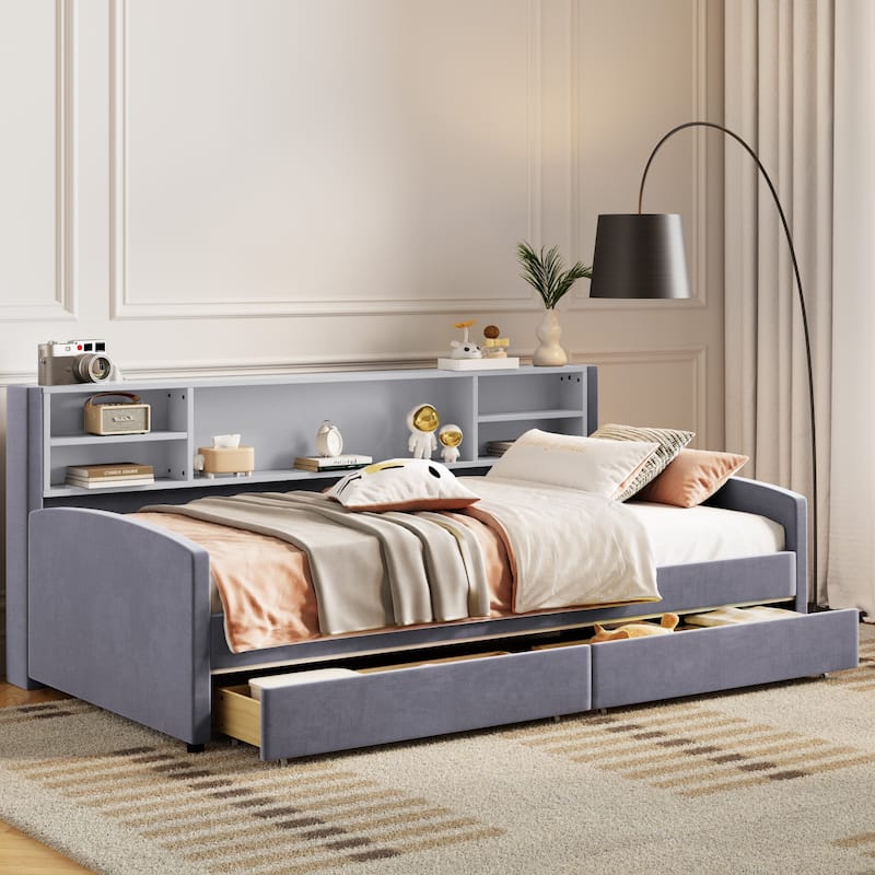 Twin Size Daybed Upholstered Platform Bed with Storage Shelf Headboard and 2 Drawers, Wood Daybed Frame with Curved Armrest