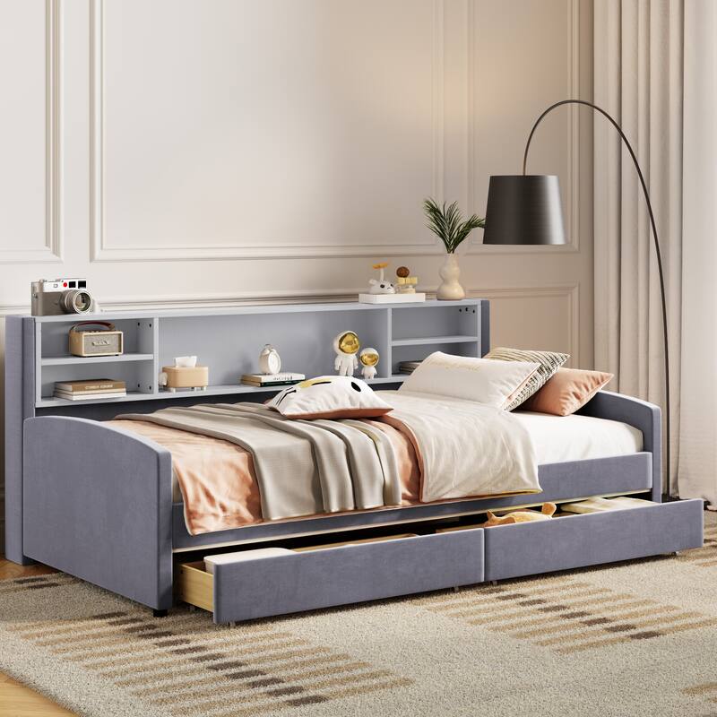 Twin Velvet Upholstered Bed Frame with Storage Drawers and Built-In Shelf, Platform Design with Plush Headboard - Gray