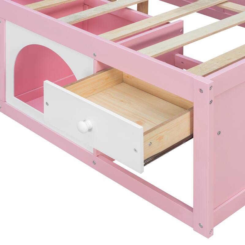 Wooden Platform Bed with Footboard Bookshelf, LED Display Cabinet and Drawer Storage by Harper&Bright Designs