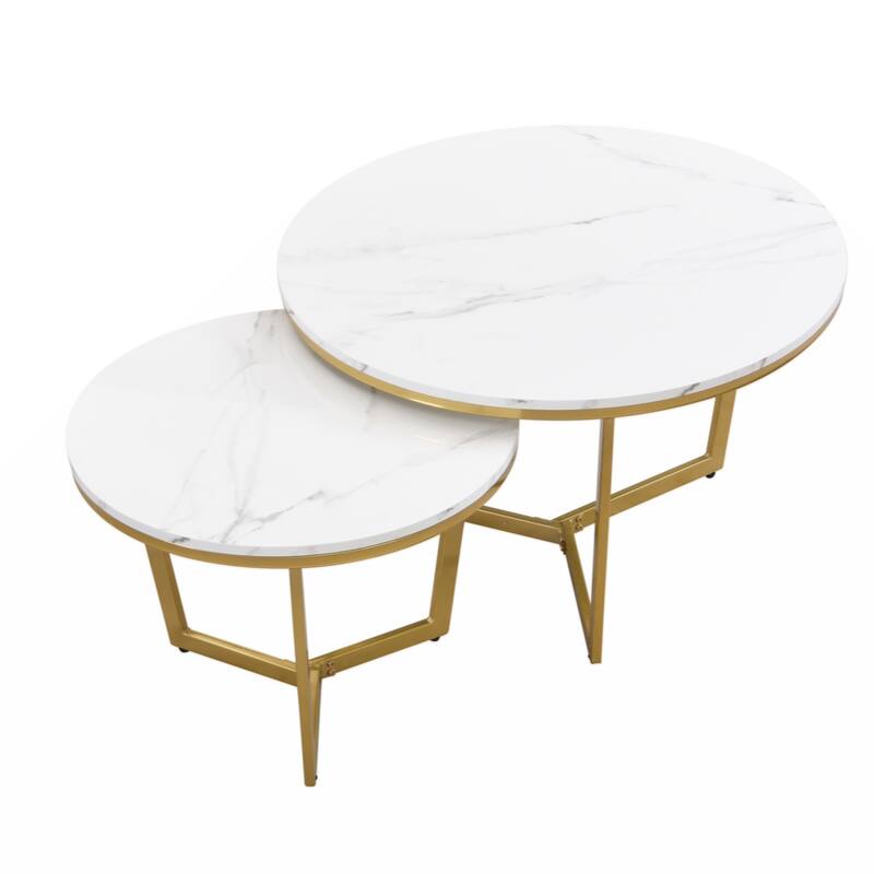 Modern Round Nesting Coffee Table Set 2-Piece White & Marbling Top Gold Base