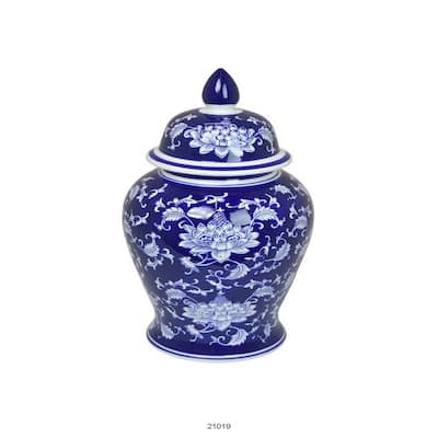 Sen 18 Inch Ceramic Temple Jar with Lid, Blue and White Flower Design
