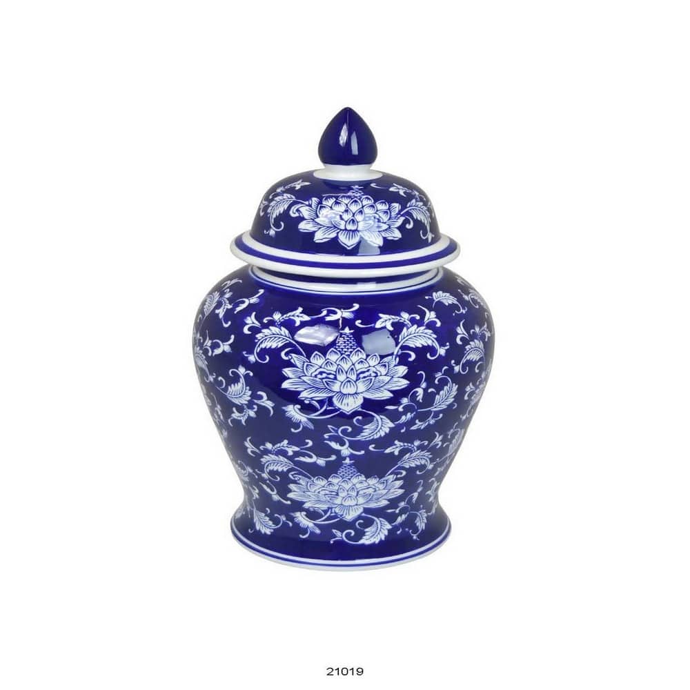 Sen 18 Inch Ceramic Temple Jar with Lid, Blue and White Flower Design