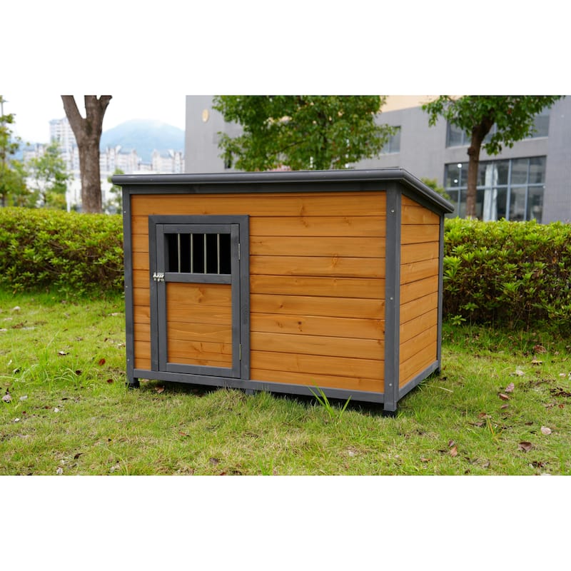 45"Large Solid Wood Dog House, Waterproof PVC Plastic Roof, Breathable Wooden Doors