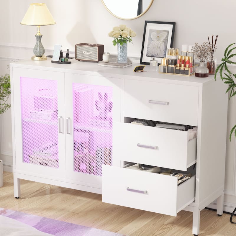 45'' W Accent Cabinet with Drawers and Charge Station, Storage Sideboard with LED Light