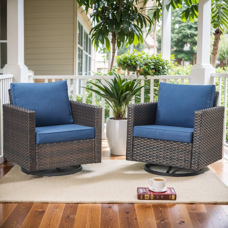 Gymojoy Wicker Swivel Glider Chair with 4 inch Olefin Cushions - 2-Piece - Brown Wicker / Blue Cusion