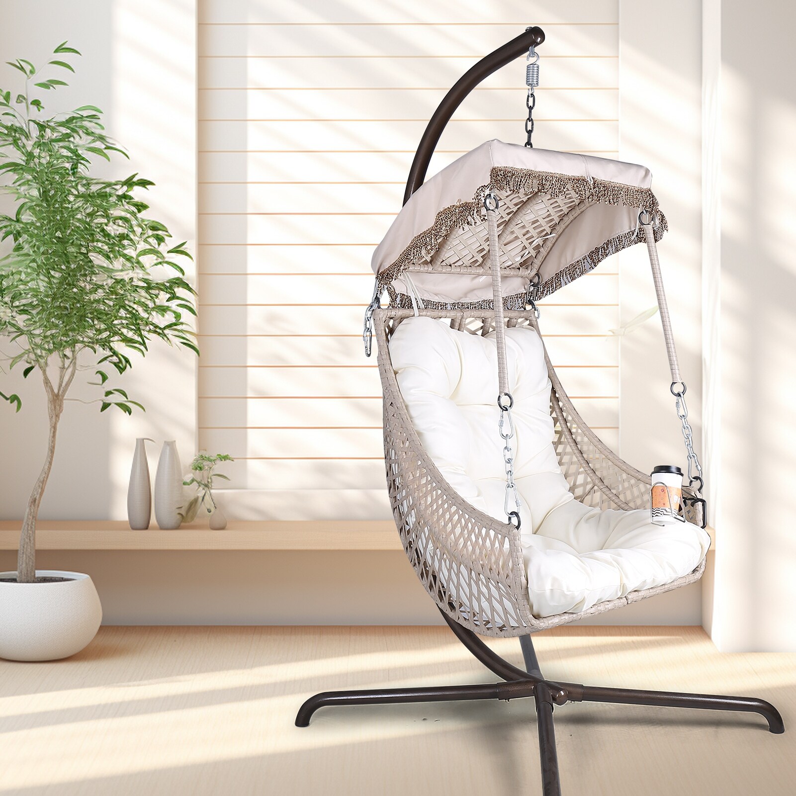 Swing Egg Chair with Stand Indoor Outdoor Wicker Rattan Frame 350lbs Capacity Hammock Chair for Patio Bedroom with Sunshade Bed Bath Beyond 40357283