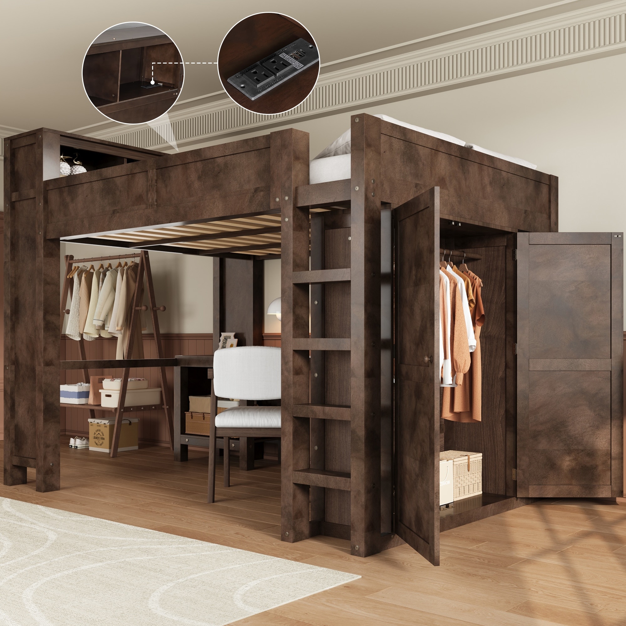 Modern Wooden Queen Size Loft Bed Frame with Wardrobe and Desk, Storage Headboard Built-in USB Charging Port