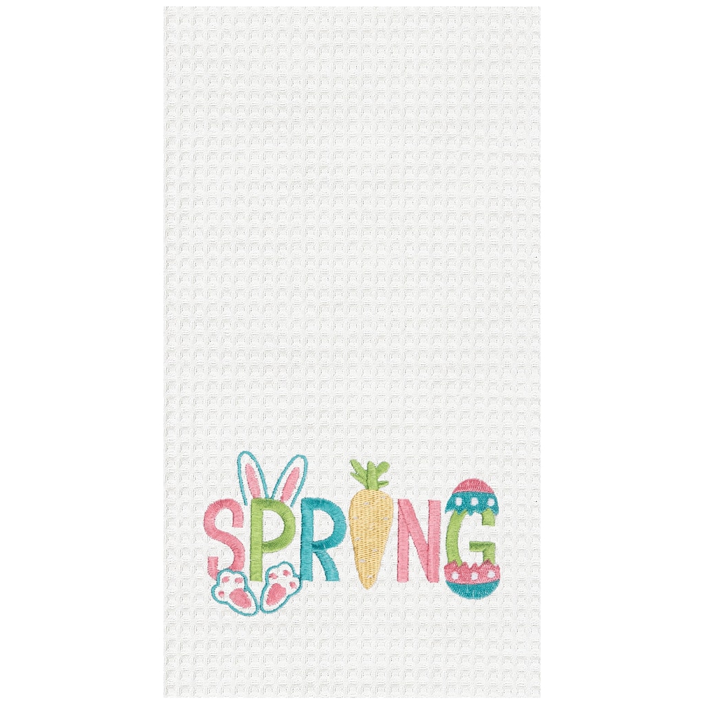 "Spring" Easter Egg Bunny Rabbit Embroidered Cotton Waffle Weave Kitchen Dishtowel