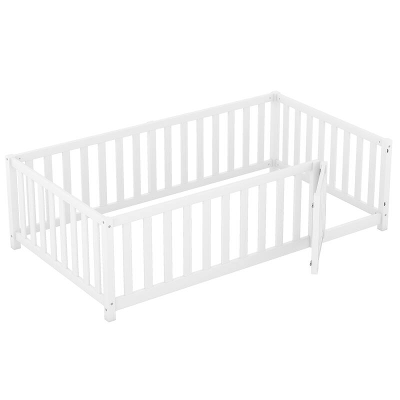 Wood Daybed with Fence Guardrails and 2 Drawers, Split into Independent Floor Bed & Daybed