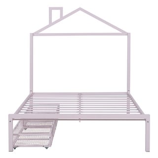 Metal Full Size Bed Frame w/House-Shaped Headboard & Drawers,Pink