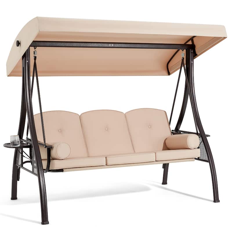 3-Seat Patio Swing with Adjustable Canopy, 750lbs Heavy Duty, Convertible Outdoor Bed, All-Weather, Cup Holders & Thick Cushions