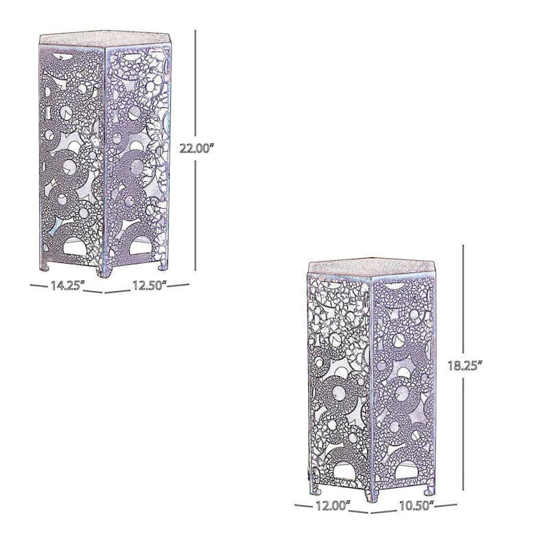 Silva Accent Table Set of 2, Hexagonal Top, Cut Pattern, Green Iron