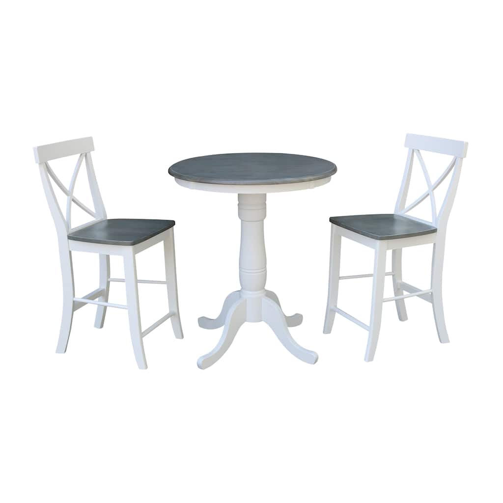 30" Round Pedestal Gathering Height Table With X-Back Counter Height Stools