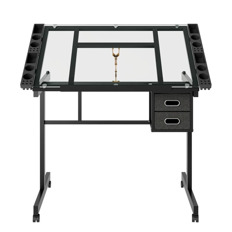 Adjustable Art Drawing Desk Craft Station Drafting with 2 fabric Drawers and 4 Wheels (white)