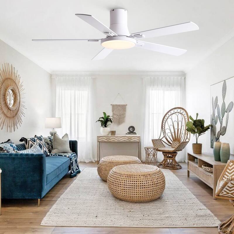 YUHAO AeroLite 48 in. Indoor White Low Profile Standard Ceiling Fan with Bright White Integrated LED Light Kit, Remote Included